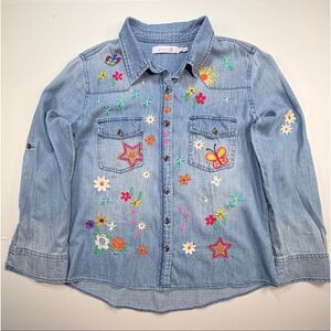 Billy T Sketchbook Embroidered Denim Button Up Shirt Floral Butterfly Size Large